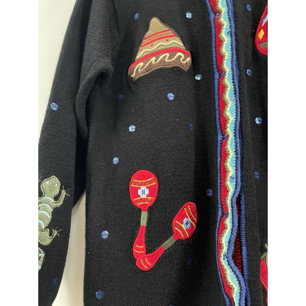 Quacker Factory Womens Southwestern Cardigan Sweater Black Embroidered Cactus M - Picture 4 of 11